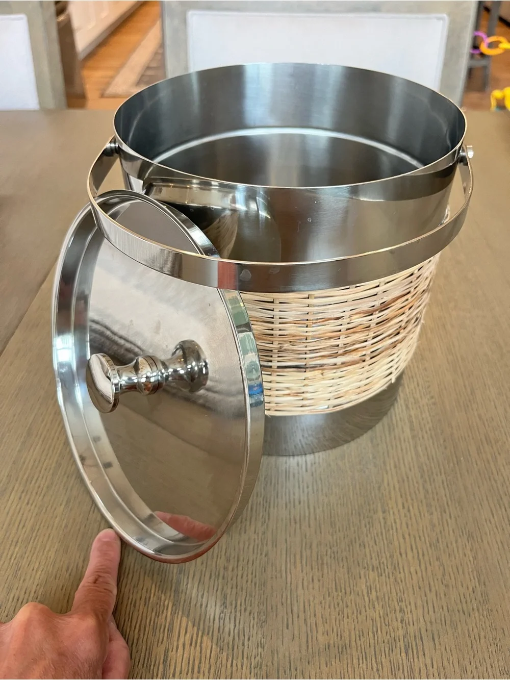 Tommy Bahama Silver and Natural Wicker Ice Bucket with Handle